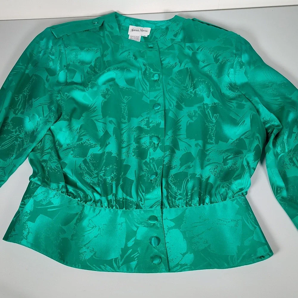 Vintage Neiman Marcus 100% silk emerald green skirt‎ set 6
